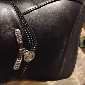 Black Leather Wedge Boot with Decorative Silver Charm